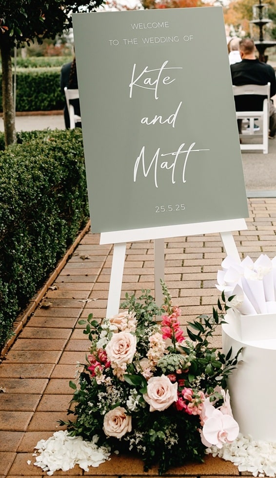 Sage green and white wedding welcome sign